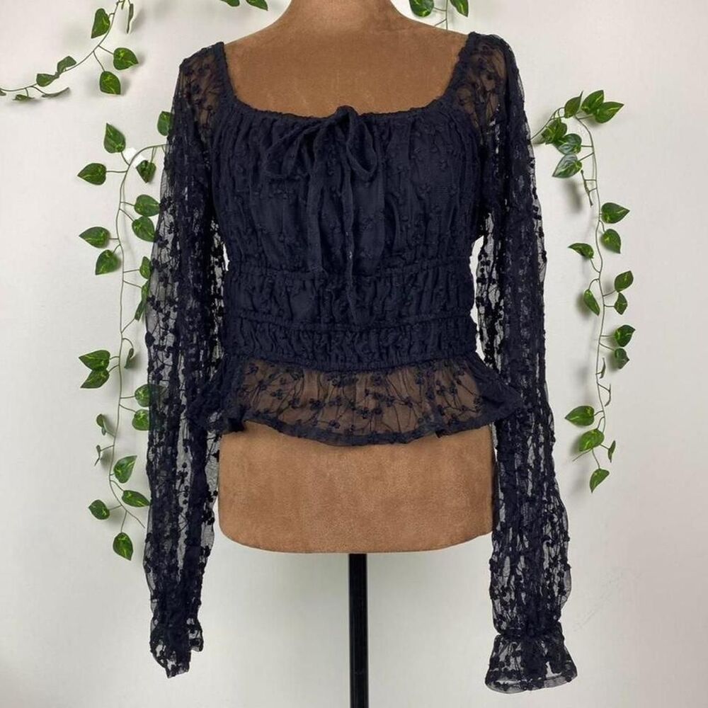 Size L Black lace blouse sheer puff long sleeve ruffle hem cropped whimsigoth